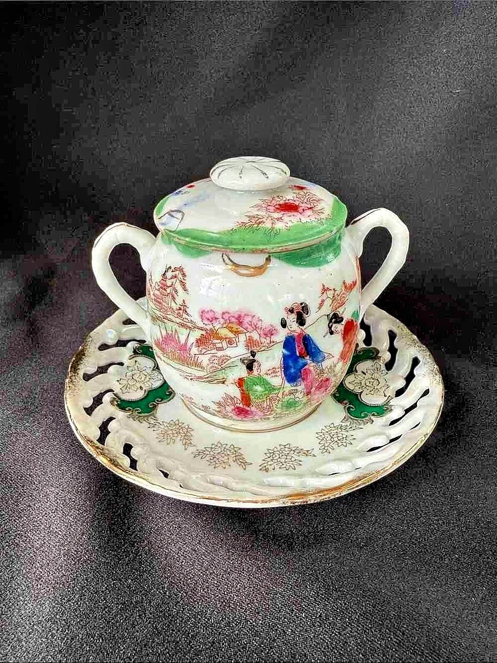Floral Teapot & Saucer in White & Green